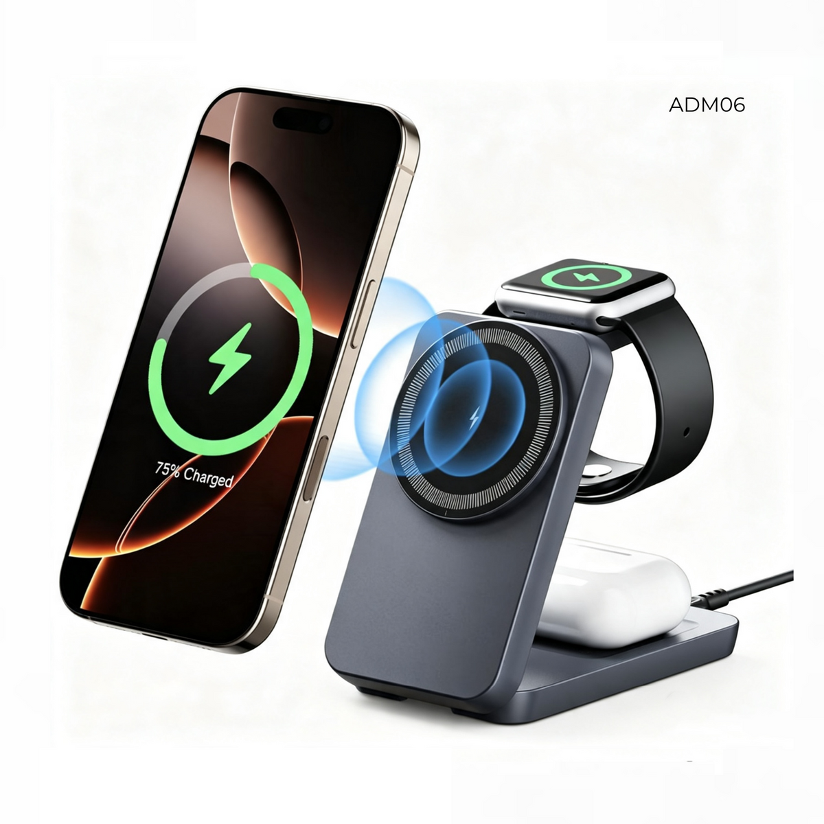 Cargador inalámbrico 3in1(adm06) carga simultáneamente teléfono, reloj y auriculares sin sobrecalentarse.