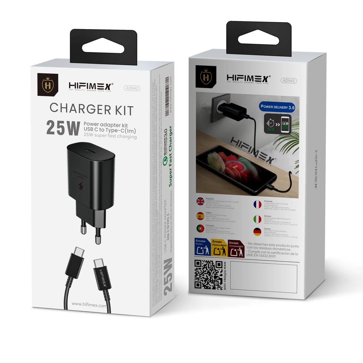 CHARGER KIT 25W USB-C to Type-C(AD942)hifimex-con caja embalaje