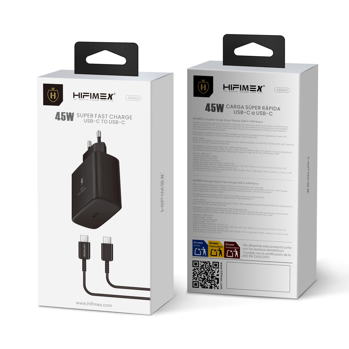 CHARGER KIT 45W USB-C to Type-C(AD943)hifimex-con caja embalaje
