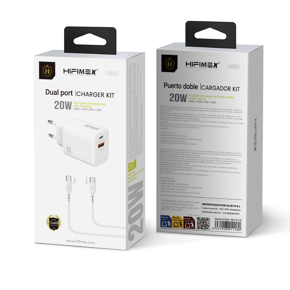 Dual PORT CHARGER KIT USB-C TO TYPE-C 20W(AD934)hifimex-con caja embalaje