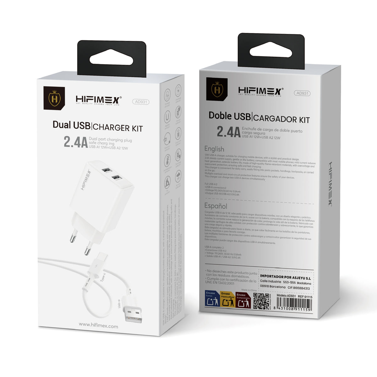 Dual USB CHARGER KIT TYPE-C 2.4A(AD931)hifimex-con caja embalaje