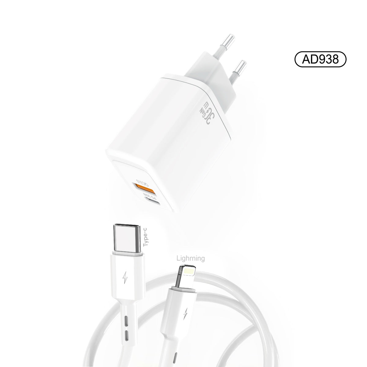 Dual port CHARGER KIT USB-C TO Lightning 30W(AD938)hifimex-blanco-fondo