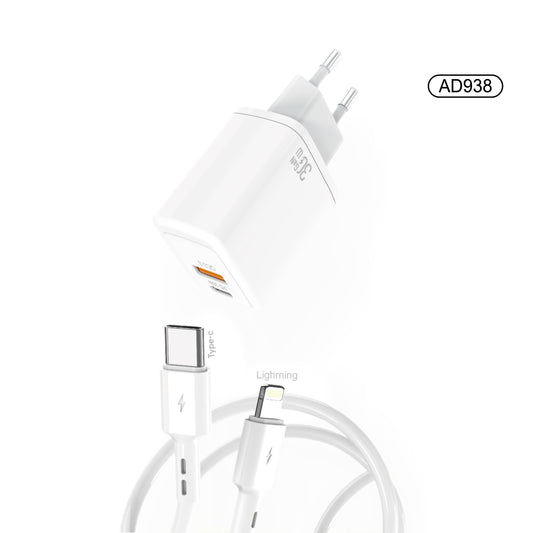 Dual port CHARGER KIT USB-C TO Lightning 30W(AD938)hifimex-blanco-fondo