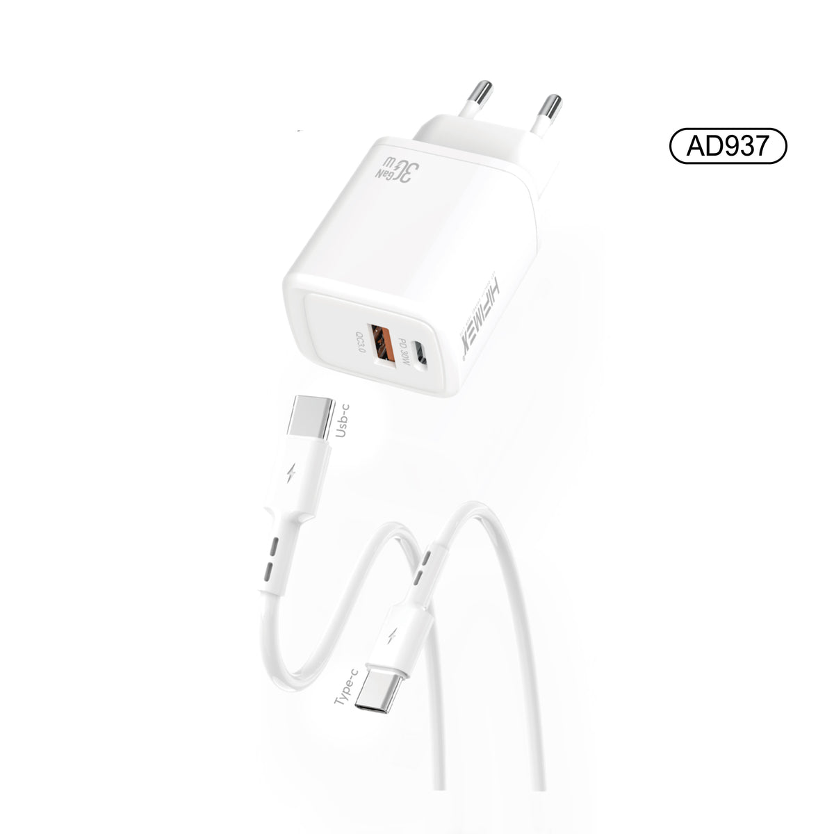 Dual port CHARGER KIT USB-C TO TYPE-C 30W(AD937)hifimex-blanco-fondo
