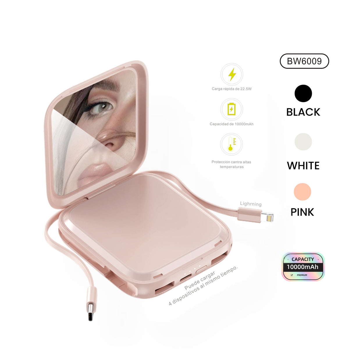 power bank con espejo falso, Lightning y Type-C, 22.5W