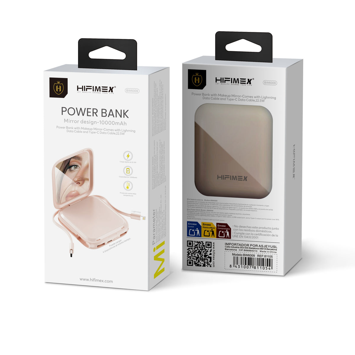 power bank con espejo falso, Lightning y Type-C, 22.5W