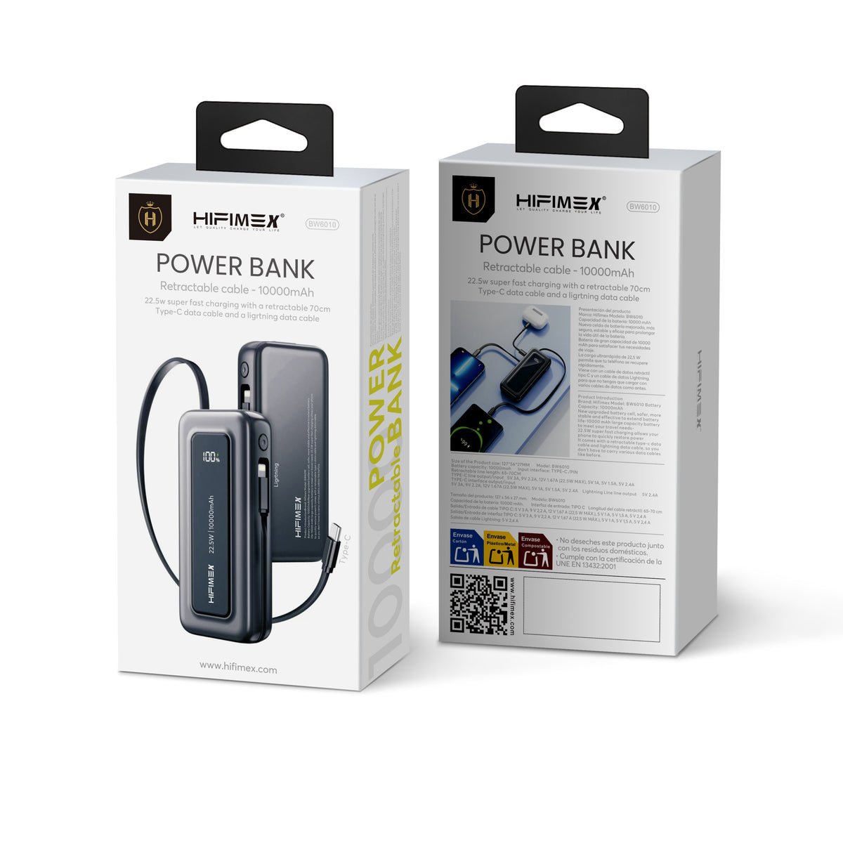 power bank 22.5w súper rápida, Lightning y Type-C, 70cm